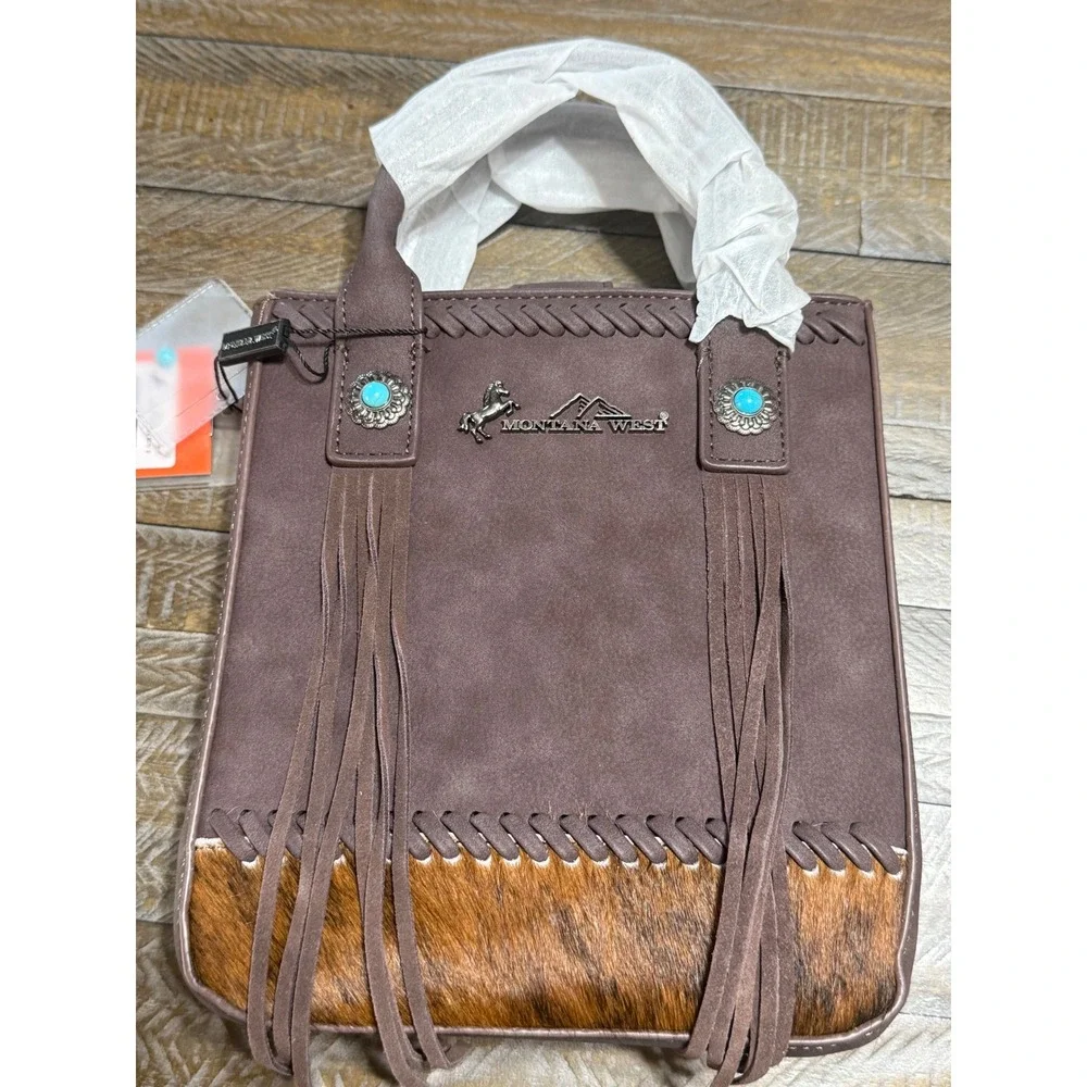 Montana West Tote Bag Womens Small Brown NWT Fringe Hair-on-Hide MW1368-8360CF